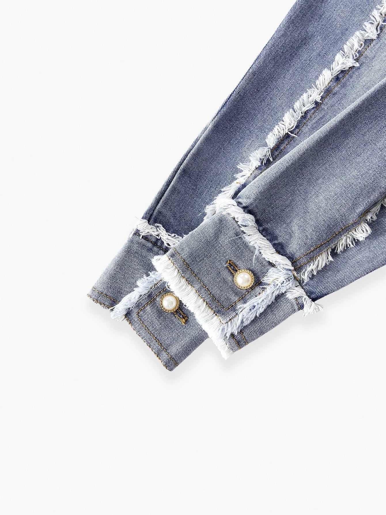 PREMIUM WOMENS FAUX PEARL AND CHAIN DETAIL RAW EDGE FLAP POCKET DENIM JACKET