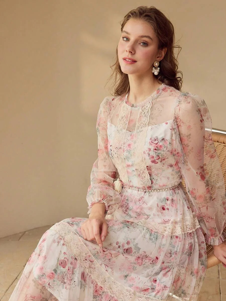 PREMIUM WOMENS FLORAL PRINT MESH amp LACE LONG SLEEVE DRESSSPRINGSUMMER