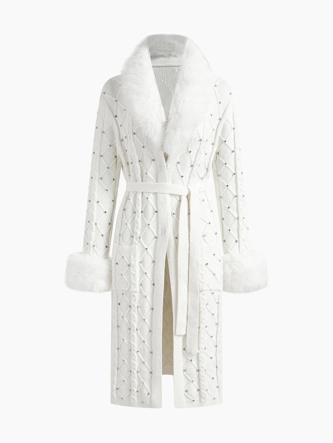 PREMIUM WOMENS FUR COLLAR RHINESTONE KNITTED BELTED CARDIGAN AUTUMNWINTER