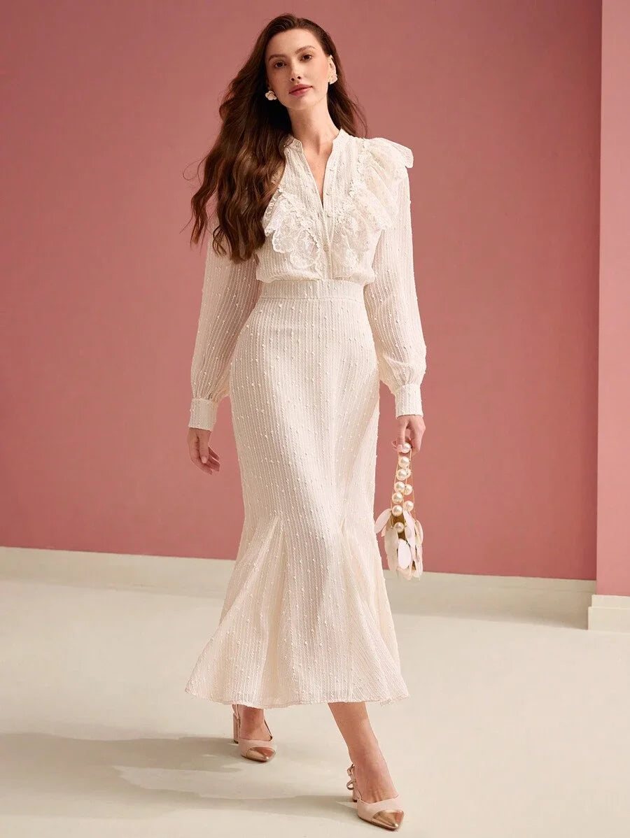 PREMIUM WOMENS JACQUARD LACE RUFFLE TRIM GODET HEM LONG DRESS