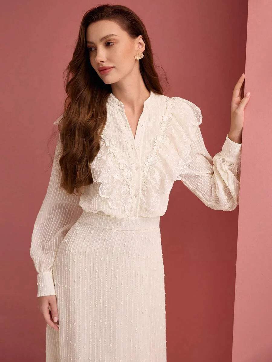 PREMIUM WOMENS JACQUARD LACE RUFFLE TRIM GODET HEM LONG DRESS