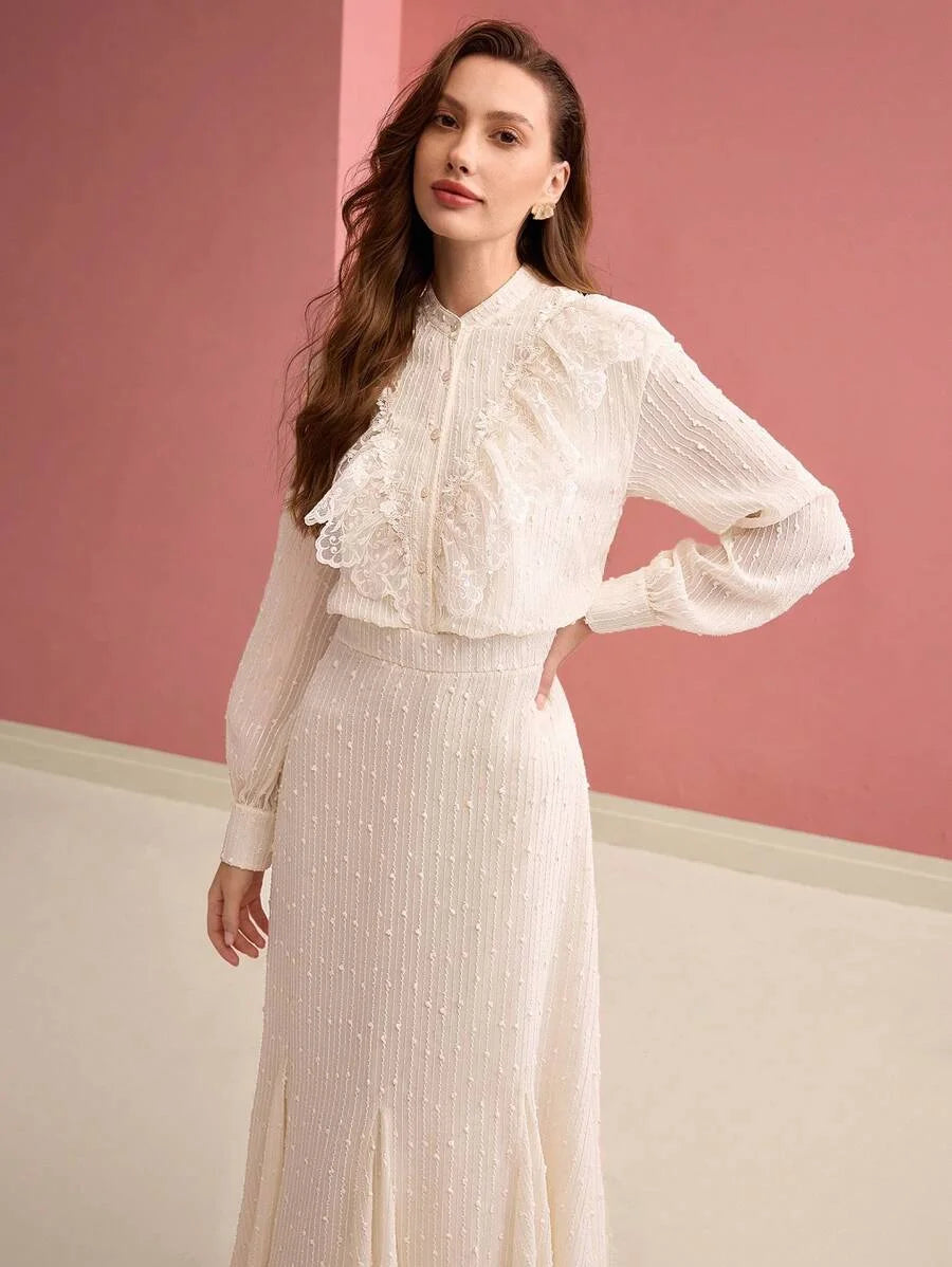 PREMIUM WOMENS JACQUARD LACE RUFFLE TRIM GODET HEM LONG DRESS