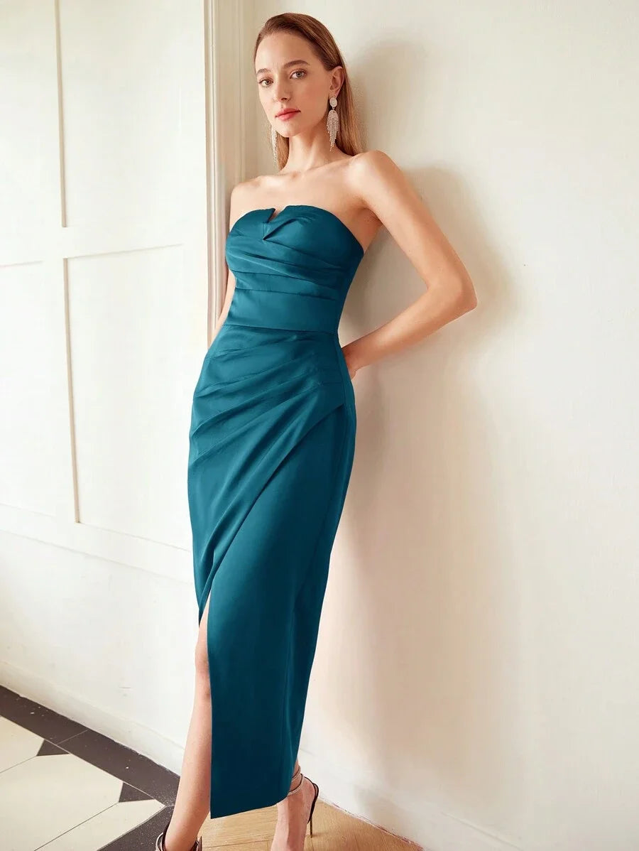 PREMIUM WOMENS PLEATED WRAP AROUND HEM BANDEAU DRESS