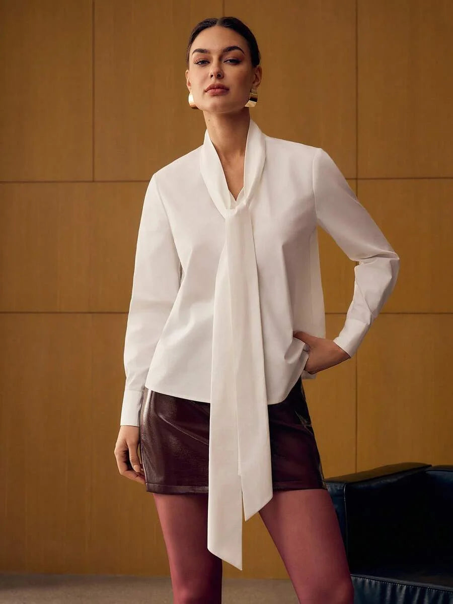 PREMIUM WOMENS TIE NECK SHIRT amp PU LEATHER SKIRT 2PIECE SET