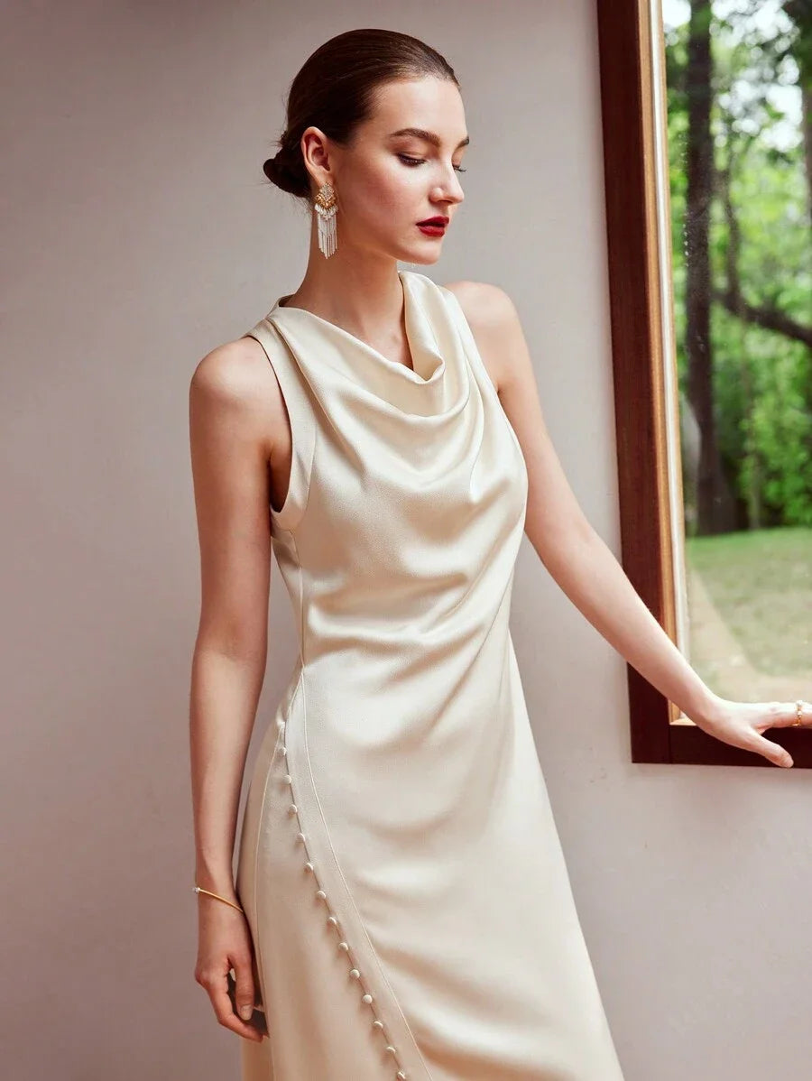 PREMIUM WOVEN WOMENS COWL NECK BUTTON SPLIT HEM DRESSHOLIDAY PARTY BIRTHDAY FORMAL EVENING OCCASSION