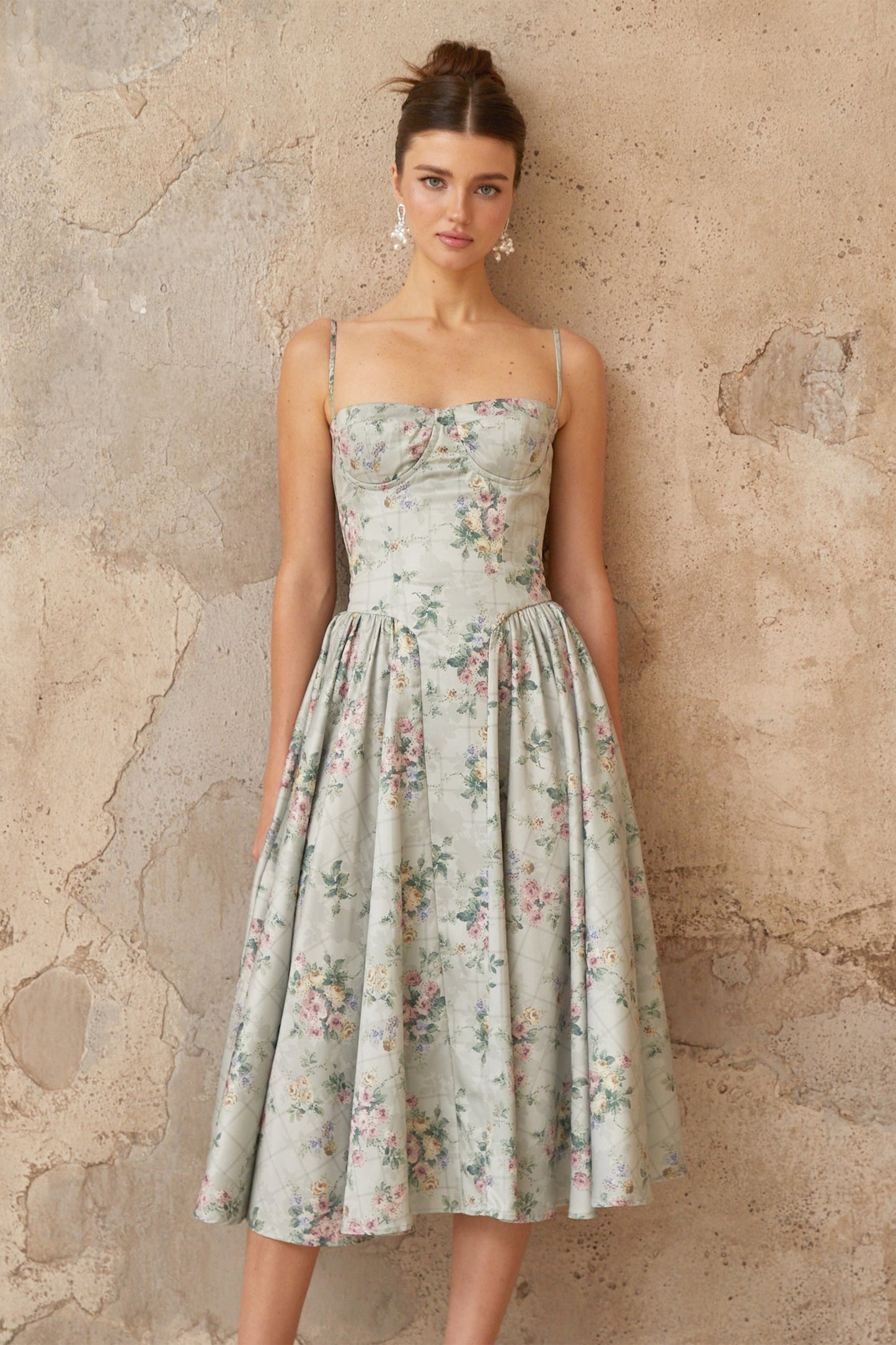 Prunelle sagegreen floralprint shirred midi dress