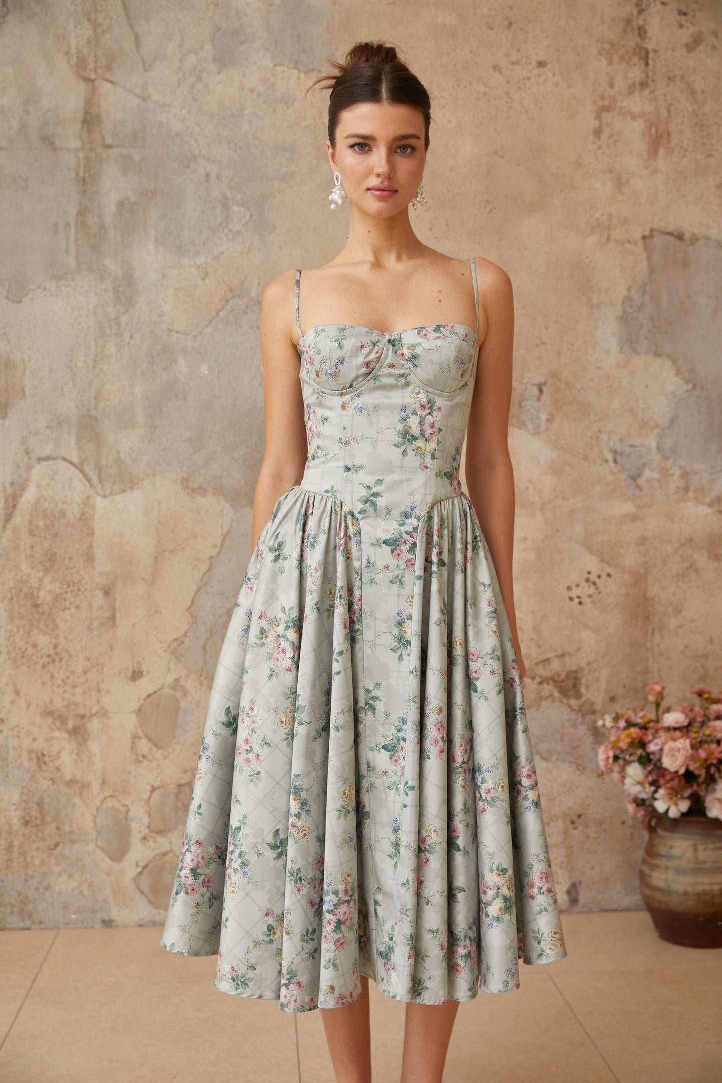 Prunelle sagegreen floralprint shirred midi dress