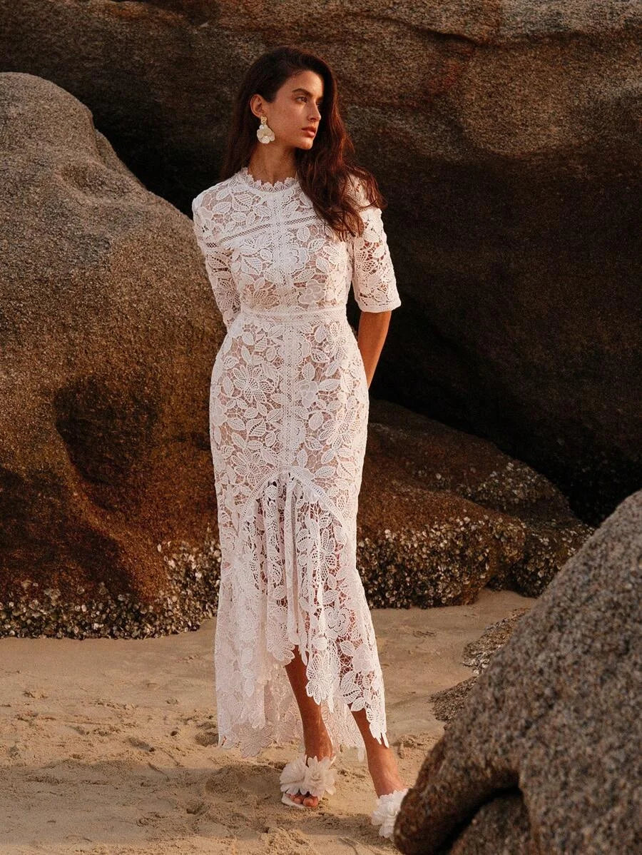 Pure White Floral Water Soluble Lace Short Sleeve Mermaid Dress For Holiday Party Clothes Maxi