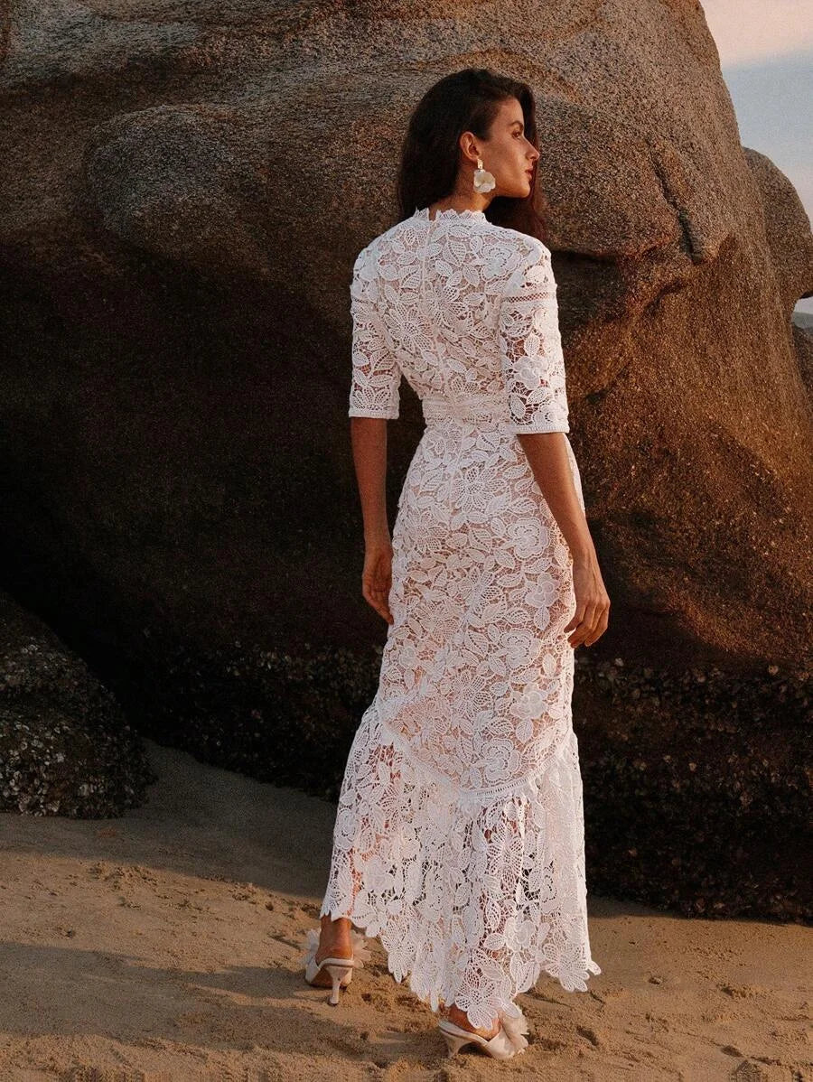 Pure White Floral Water Soluble Lace Short Sleeve Mermaid Dress For Holiday Party Clothes Maxi