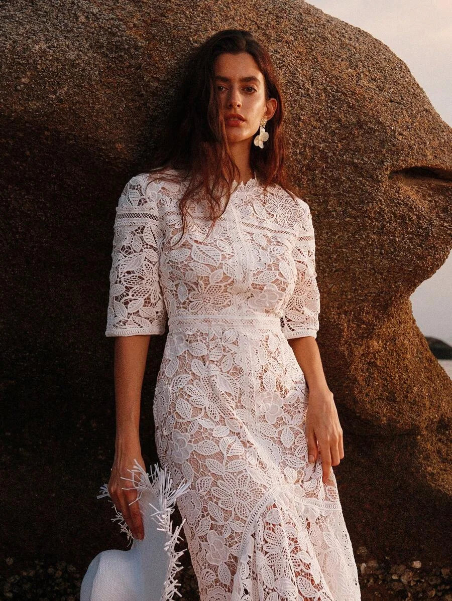 Pure White Floral Water Soluble Lace Short Sleeve Mermaid Dress For Holiday Party Clothes Maxi