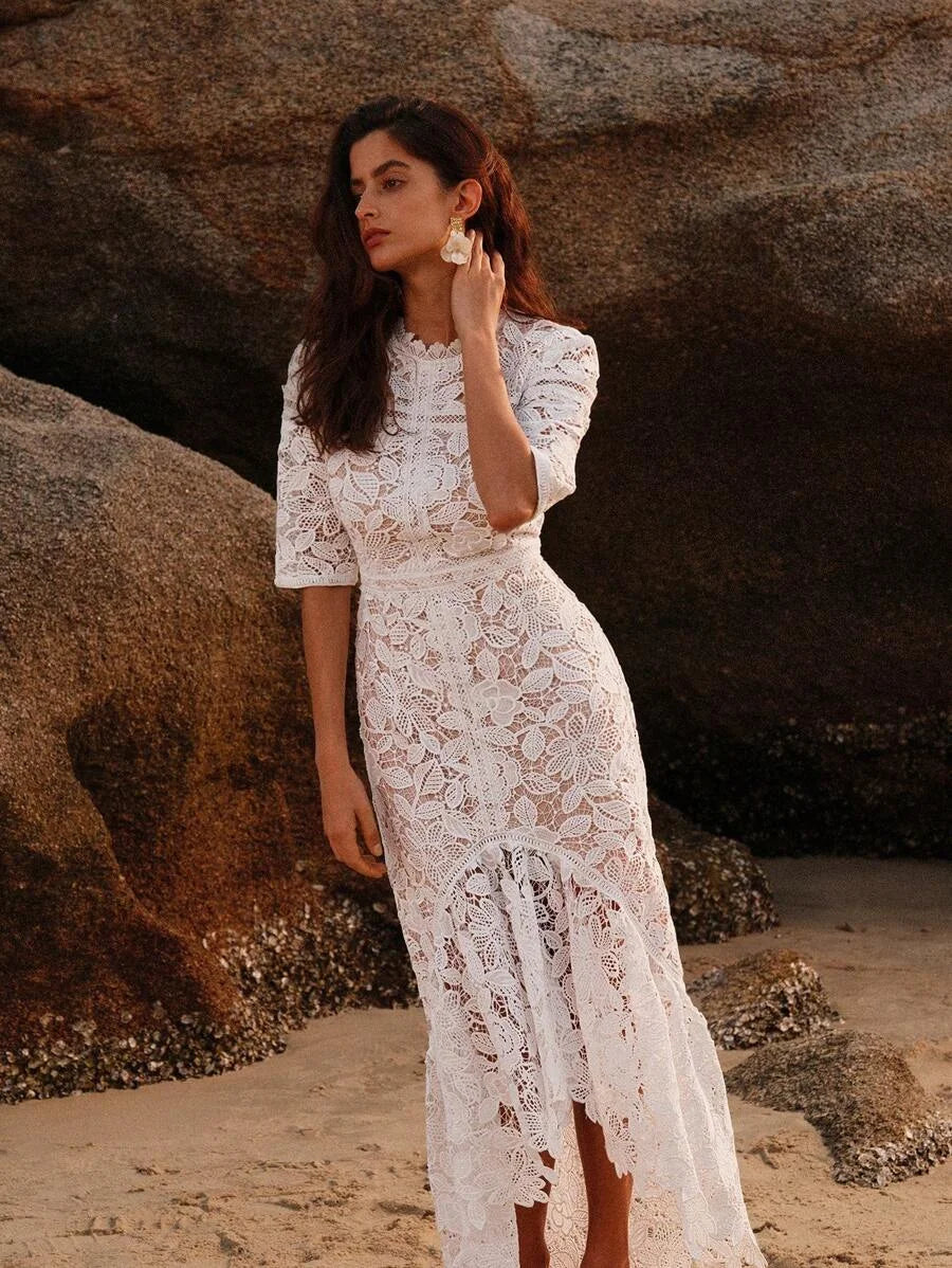 Pure White Floral Water Soluble Lace Short Sleeve Mermaid Dress For Holiday Party Clothes Maxi