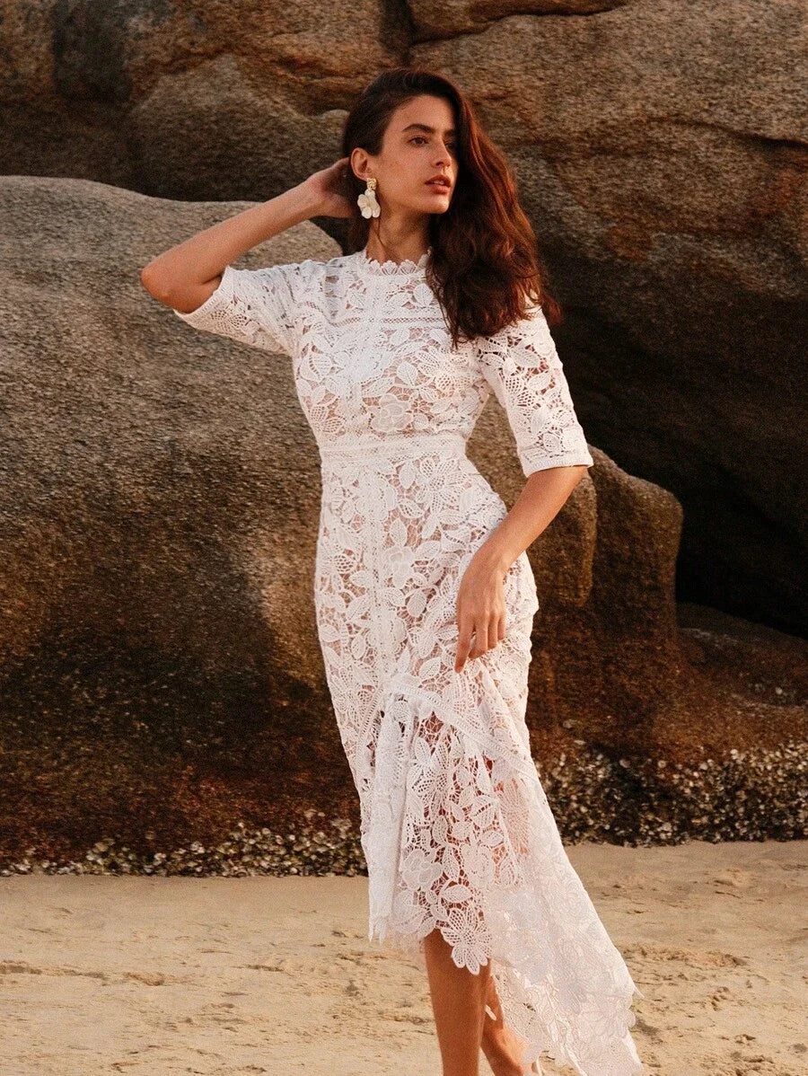 Pure White Floral Water Soluble Lace Short Sleeve Mermaid Dress For Holiday Party Clothes Maxi
