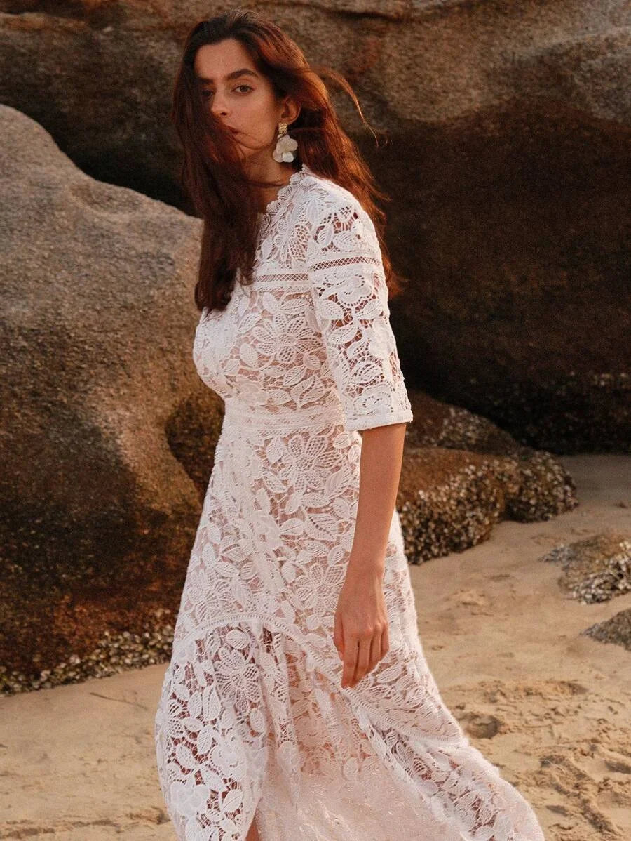 Pure White Floral Water Soluble Lace Short Sleeve Mermaid Dress For Holiday Party Clothes Maxi