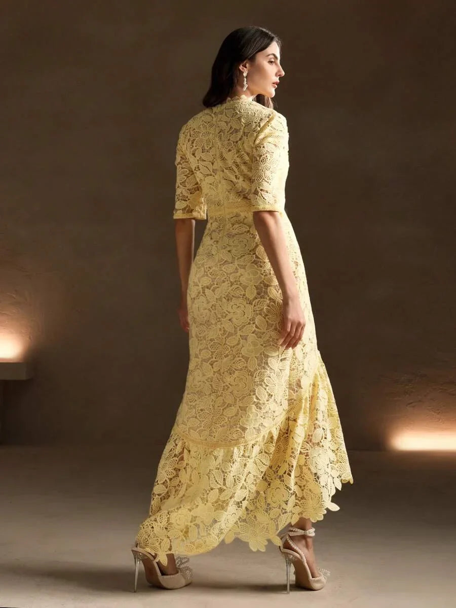 Pure White Flower Shaped Water Soluble Lace Short Sleeve Mermaid Dress Maxi Women Outfit