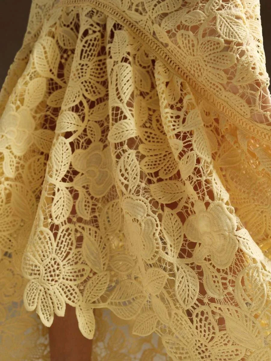 Pure White Flower Shaped Water Soluble Lace Short Sleeve Mermaid Dress Maxi Women Outfit