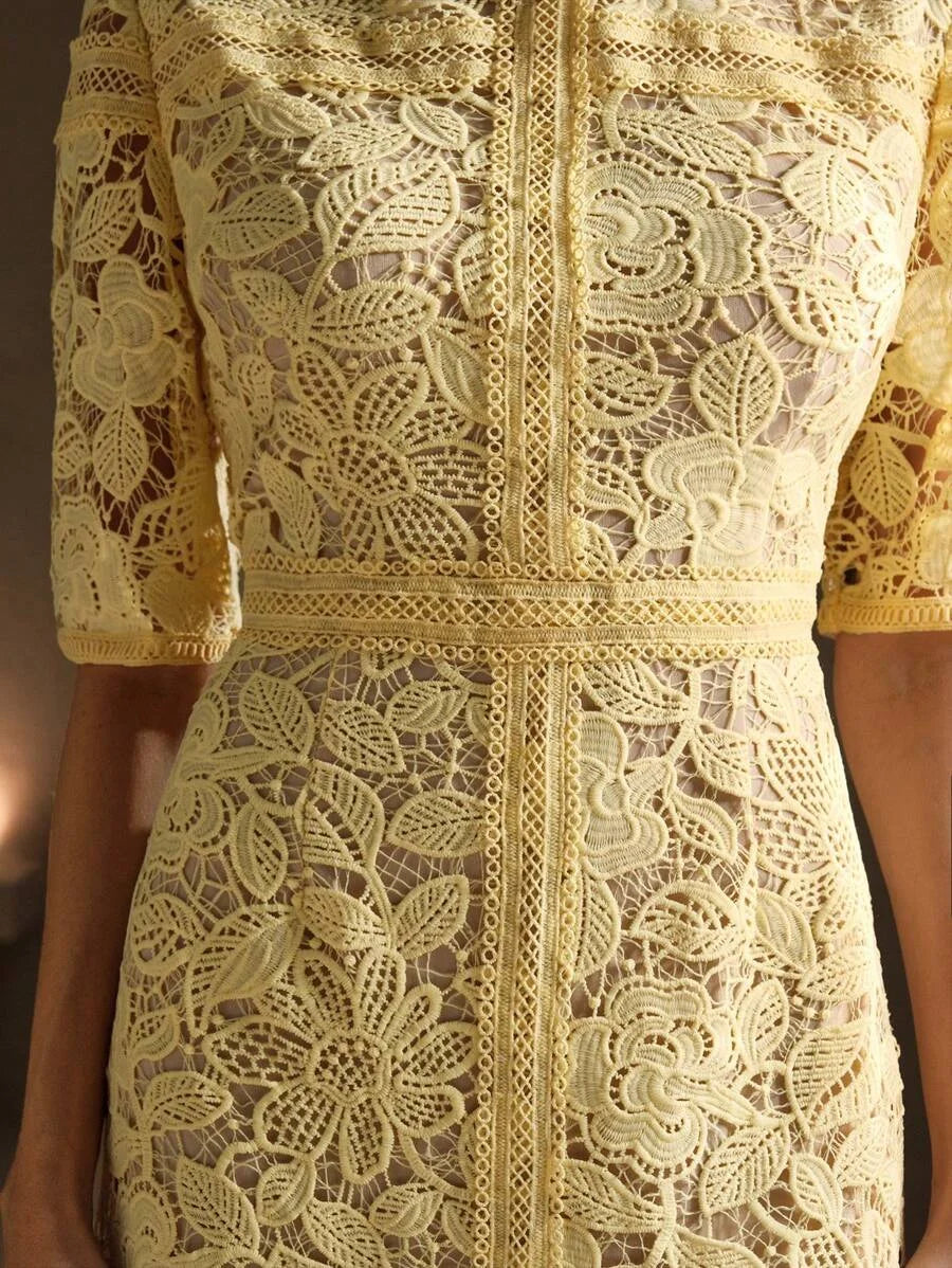 Pure White Flower Shaped Water Soluble Lace Short Sleeve Mermaid Dress Maxi Women Outfit