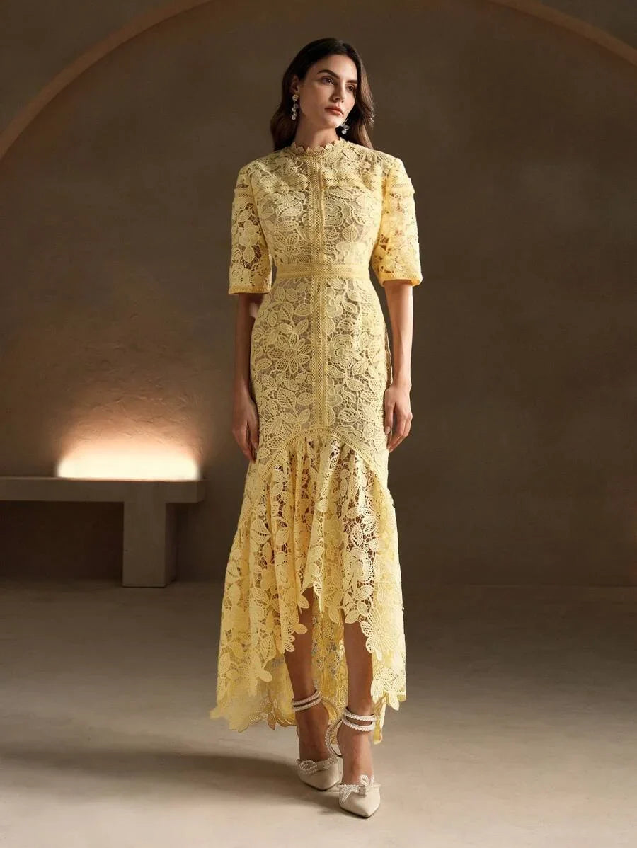Pure White Flower Shaped Water Soluble Lace Short Sleeve Mermaid Dress Maxi Women Outfit