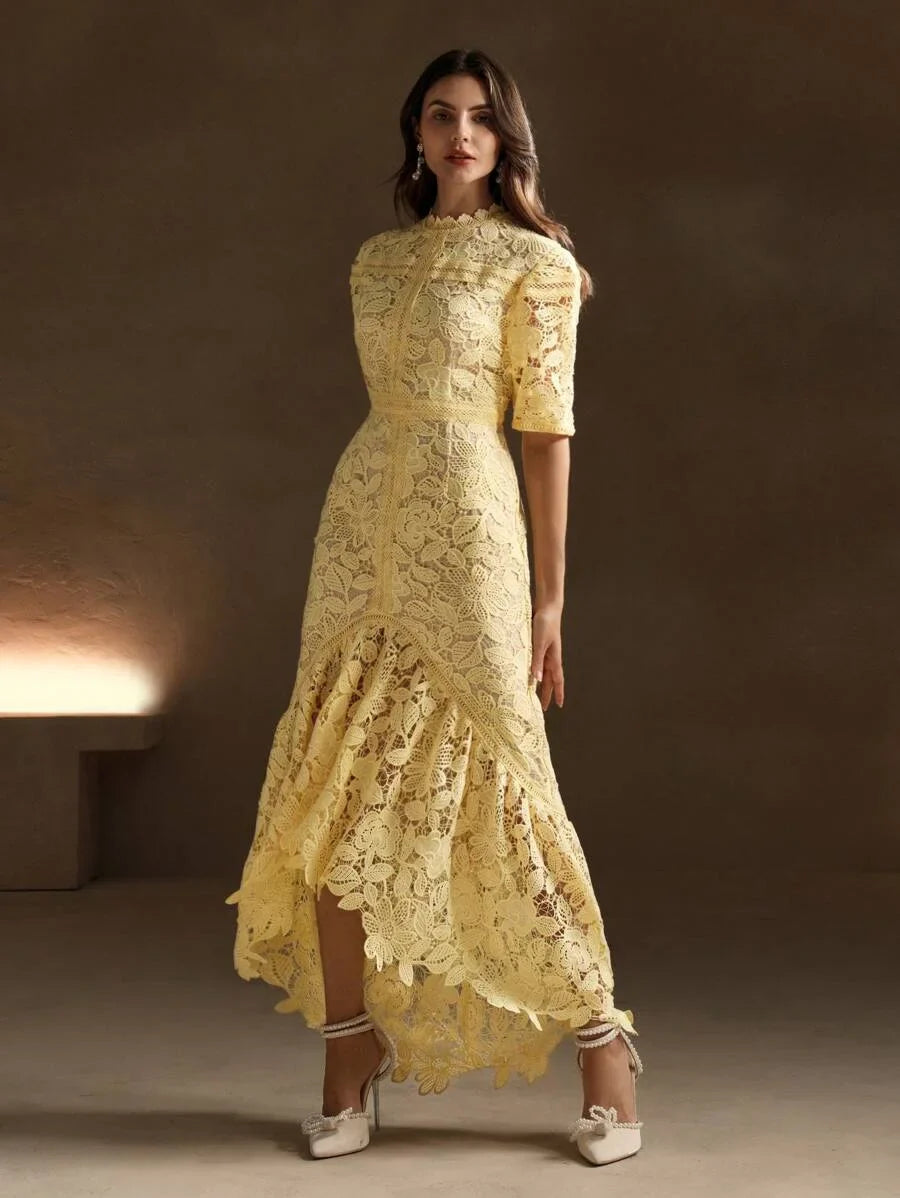 Pure White Flower Shaped Water Soluble Lace Short Sleeve Mermaid Dress Maxi Women Outfit