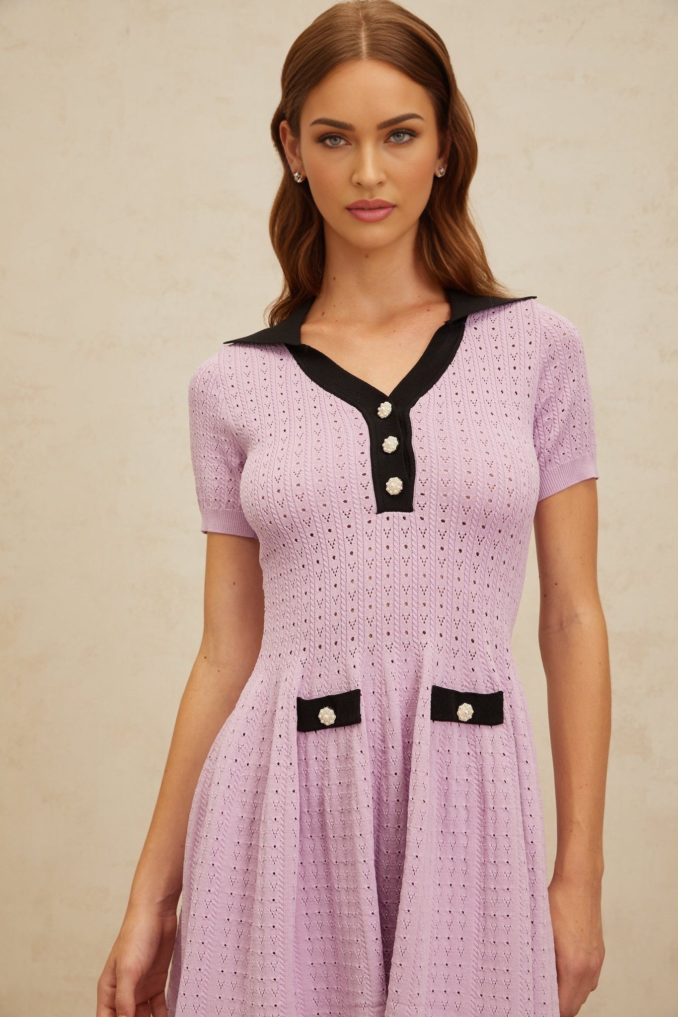 Purple and Black A-Line Short Sleeve Dress with Notched Lapels and Decorative Buttons
