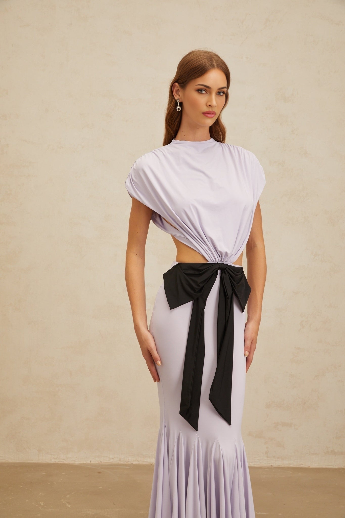 Purple and Black Cap Sleeve Cut-Out Design Dress with Oversize Bowknot and Mermaid Hem