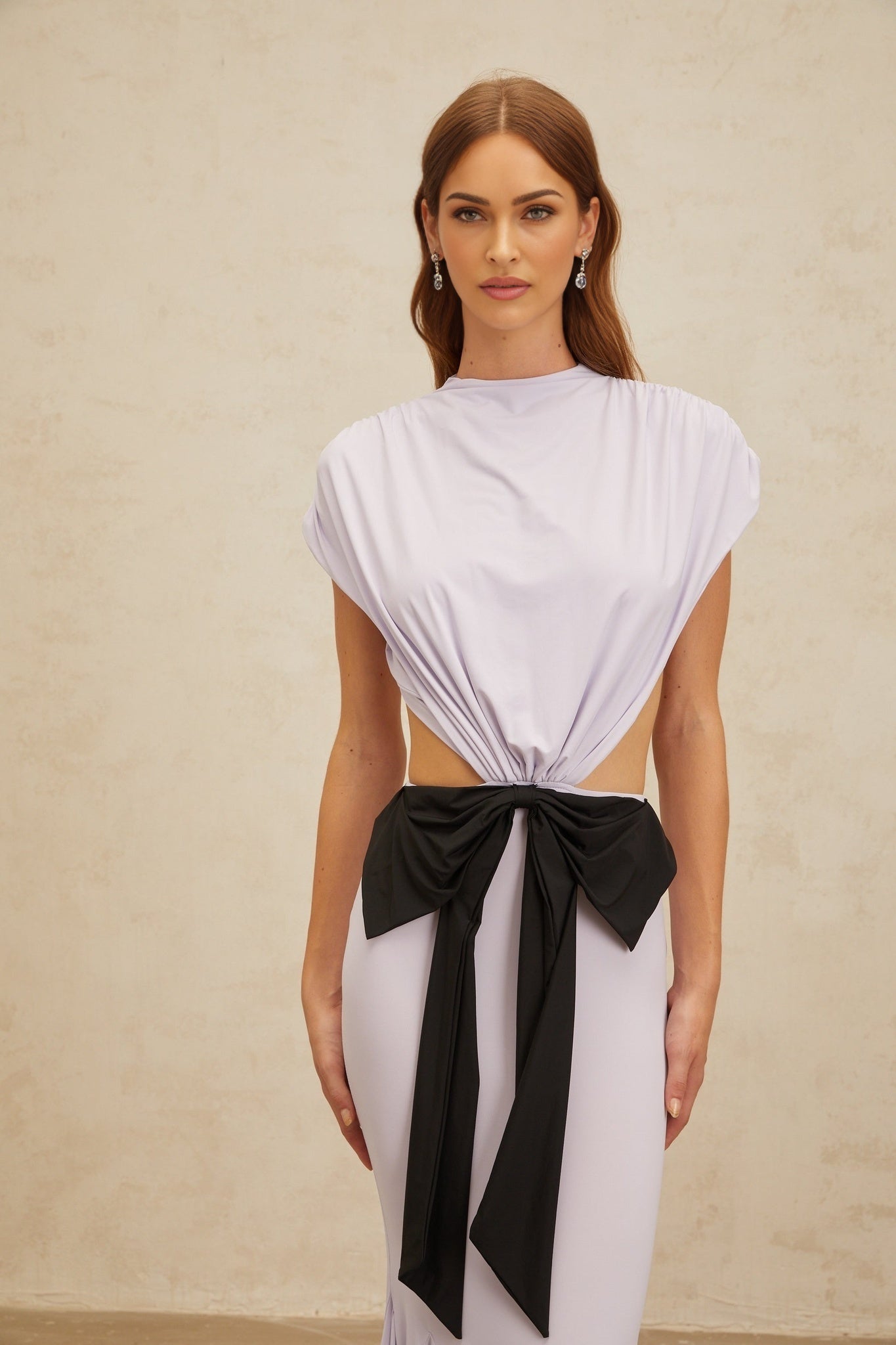 Purple and Black Cap Sleeve Cut-Out Maxi Dress with Oversize Bowknot and Pleated Detailing