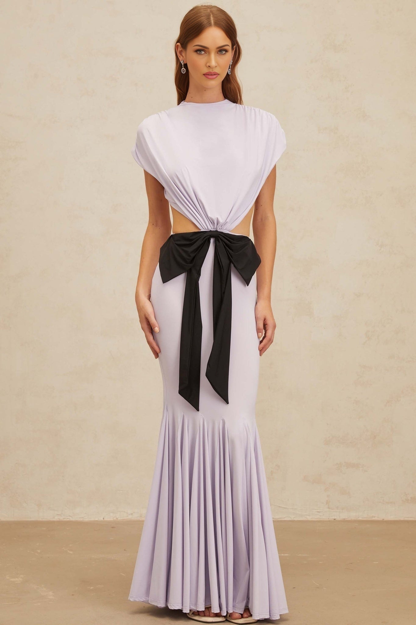 Purple and Black Cap Sleeve Cut-Out Maxi Dress with Oversize Bowknot and Pleated Detailing