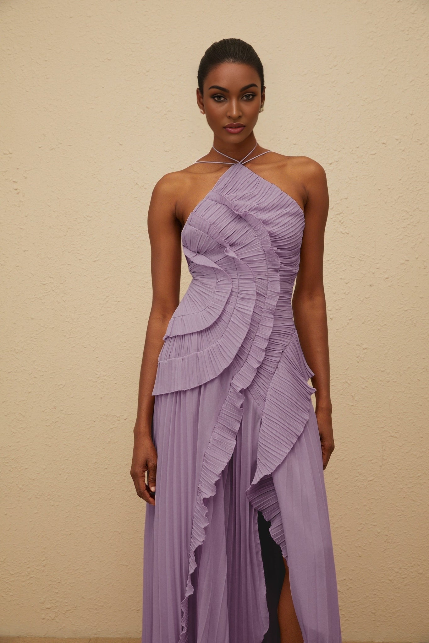 Purple Halterneck Sleeveless Midi Dress with Ruffled Trim and Front Slit