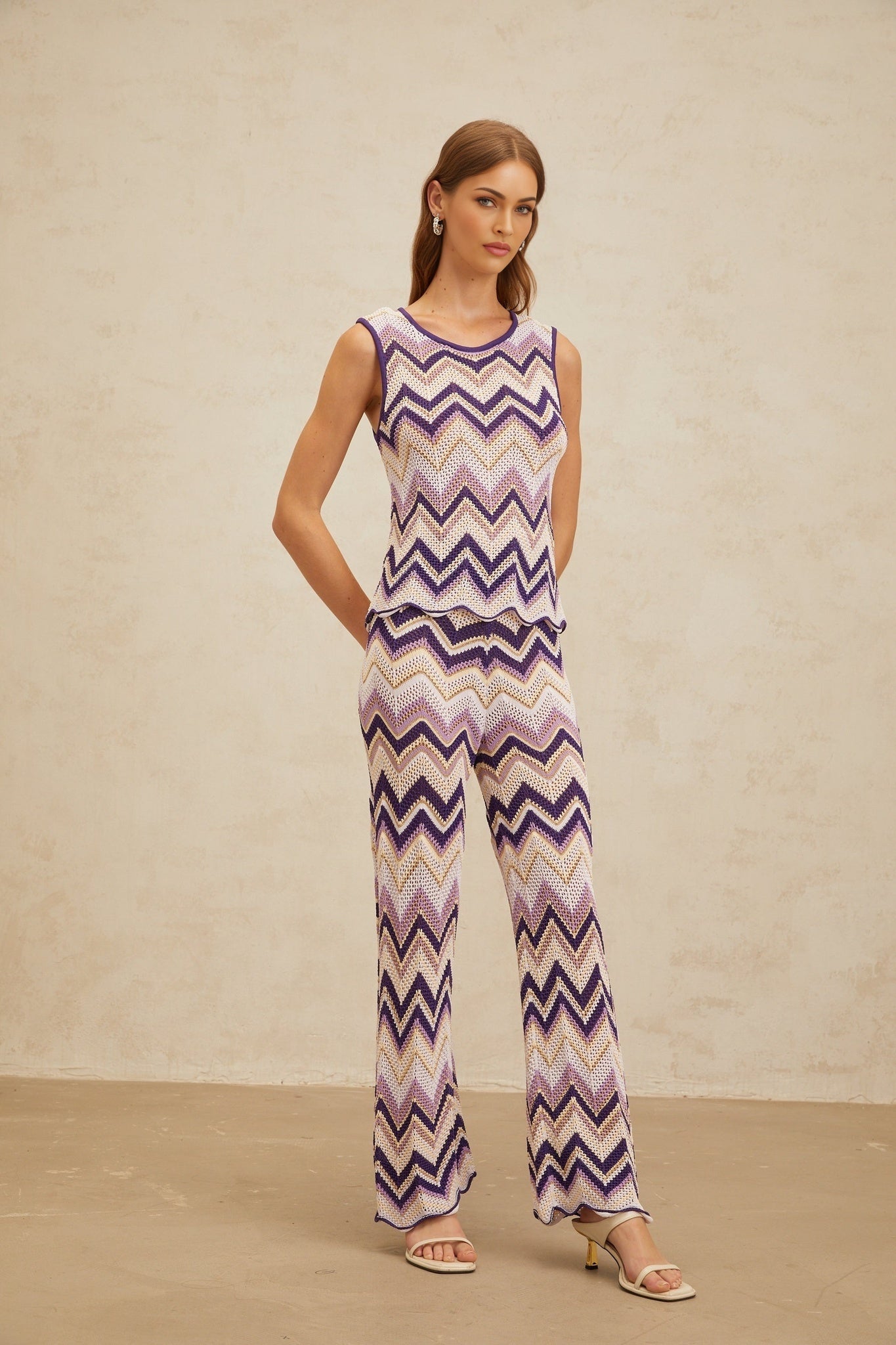 Purple and Multicolor Sleeveless Top and Trousers Set with Metallic Threading and Scallop Hem