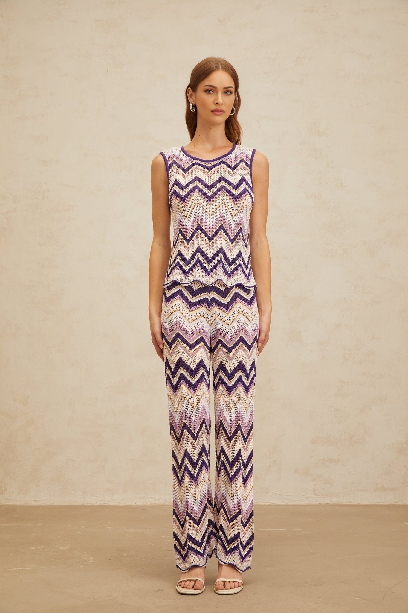 Purple and Multicolor Sleeveless Top and Trousers Set with Metallic Threading and Scallop Hem