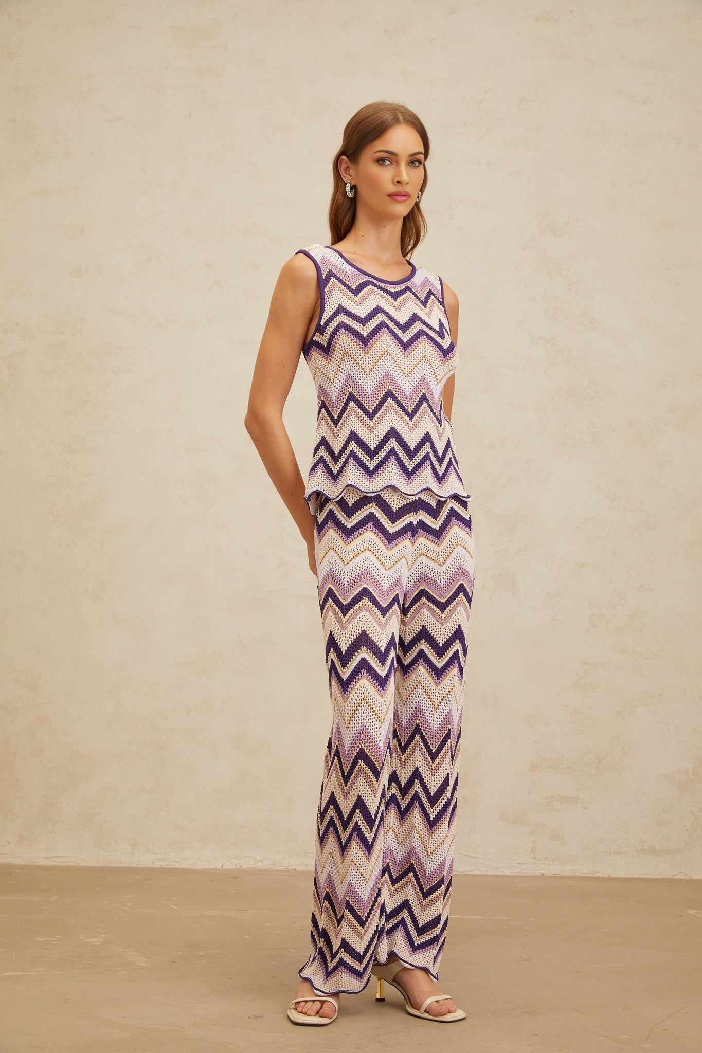 Purple and Multicolor Zigzag Pointelle Knit Sleeveless Top and Trousers Set with Metallic Threading and Scallop Hem