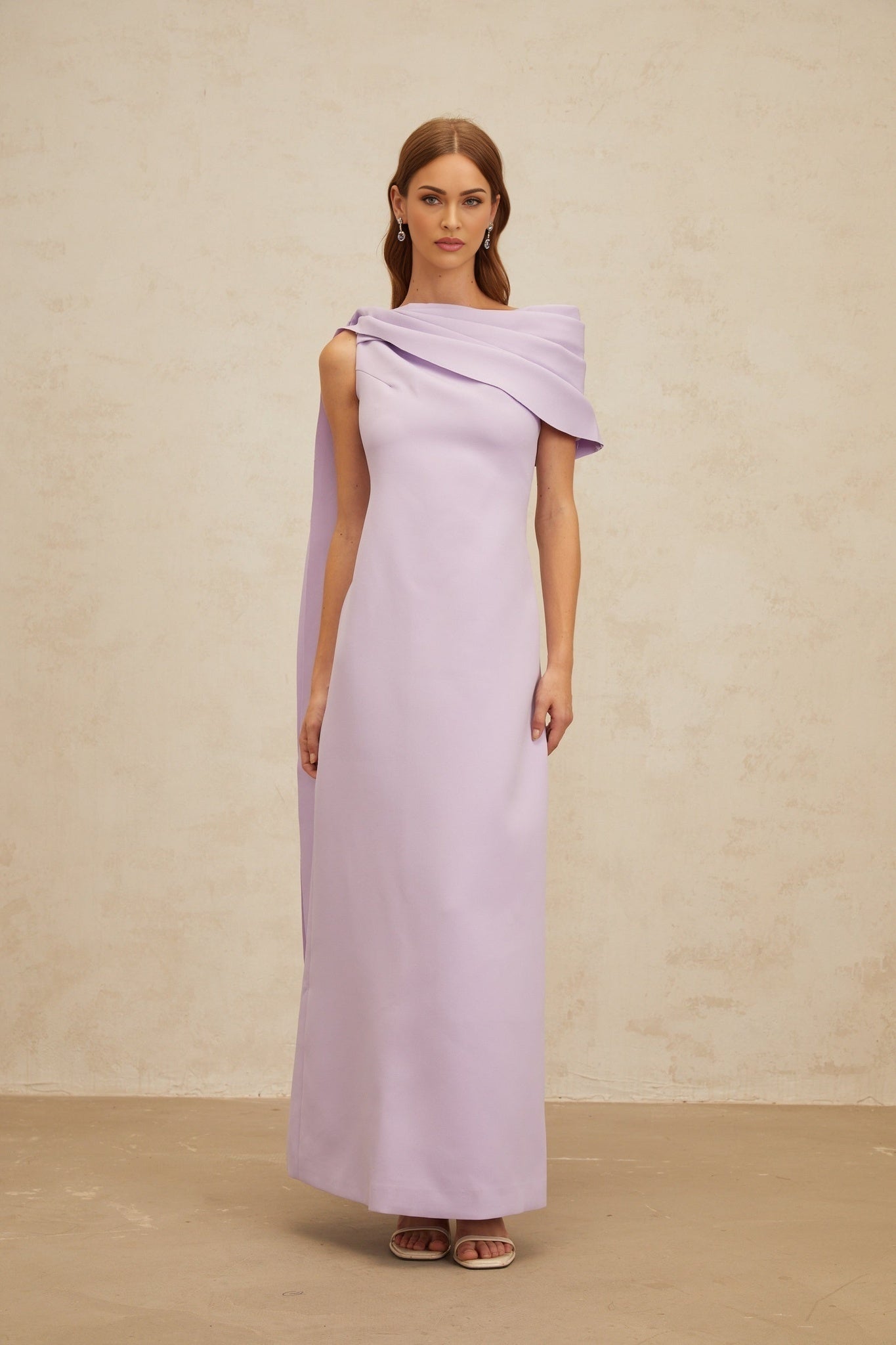 Purple one shoulder cape maxi dress with ruched detailing and rear slit