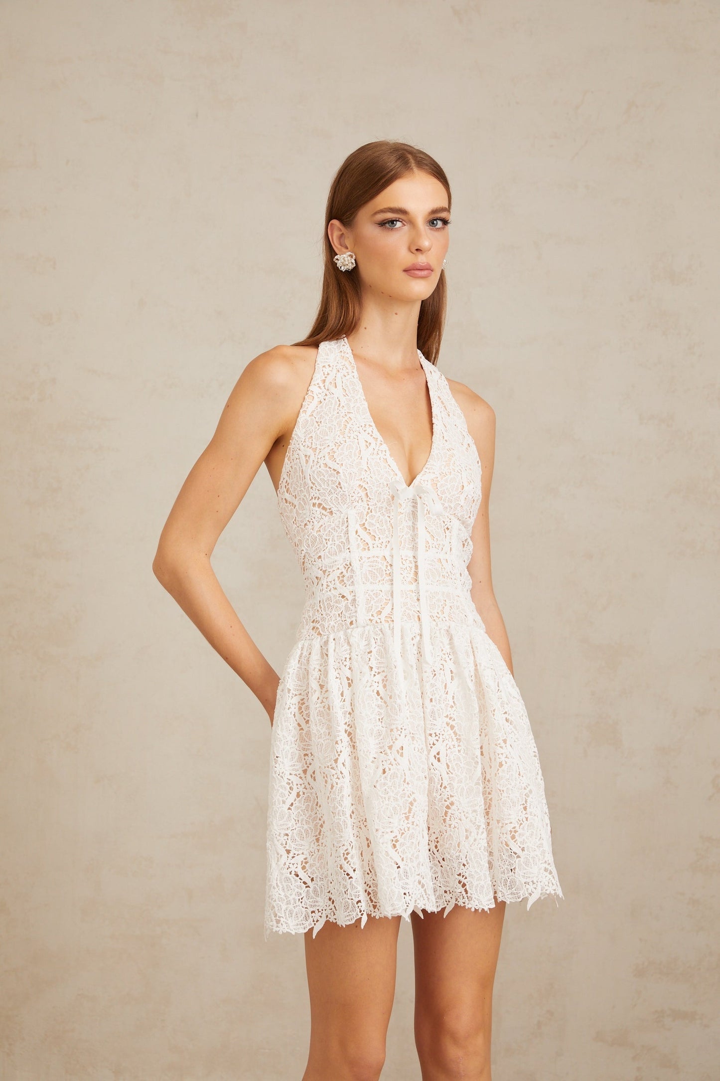 Quincia White Halterneck Corded Lace Mini Dress