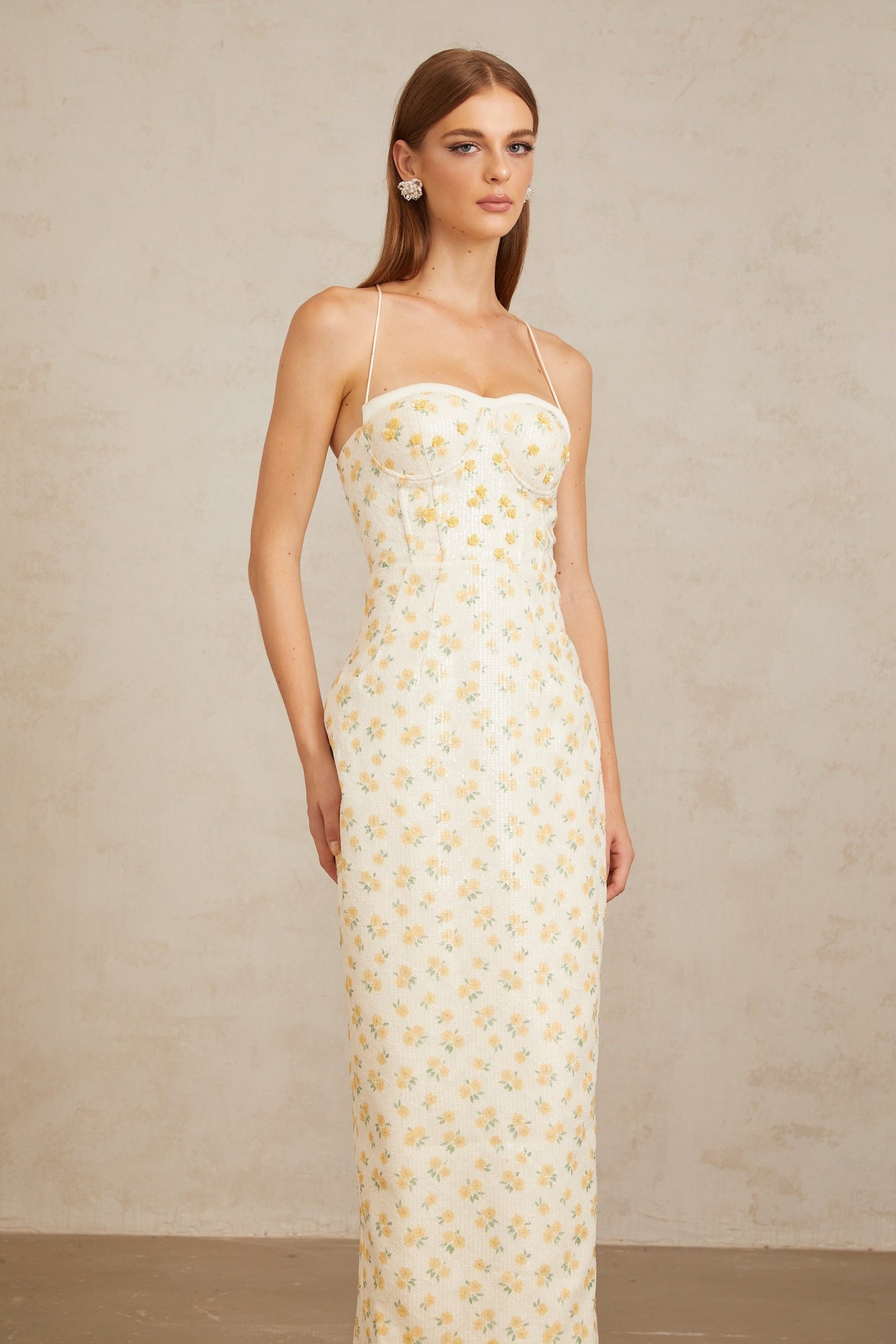 Quincia Yellow Sequined Floral Corset Maxi Gown