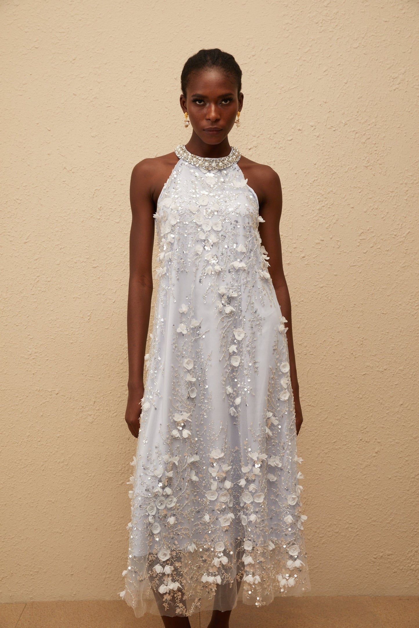 Quitterie Blue Embellished Floral Tulle Midi Dress