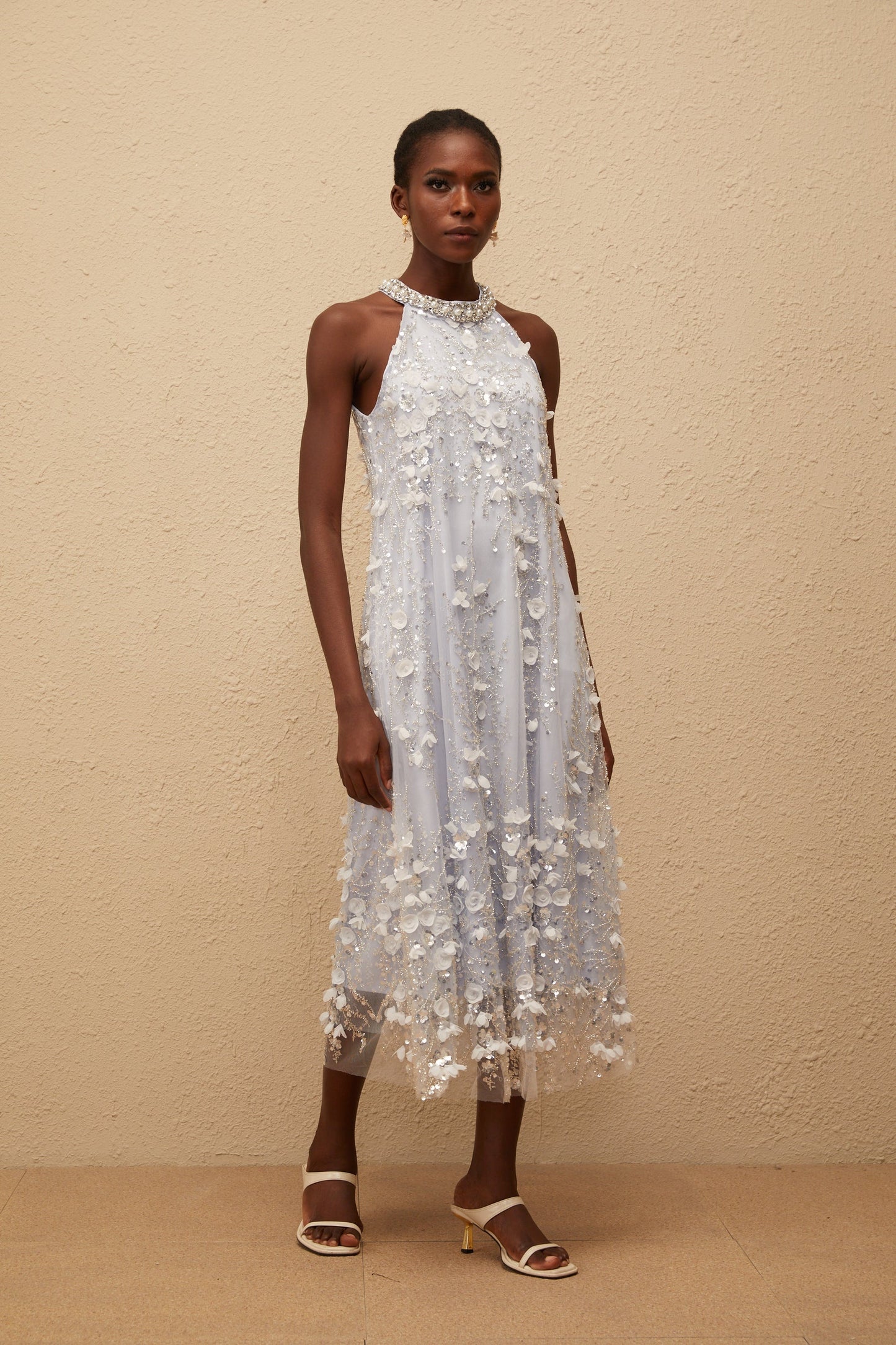 Quitterie Blue Embellished Floral Tulle Midi Dress