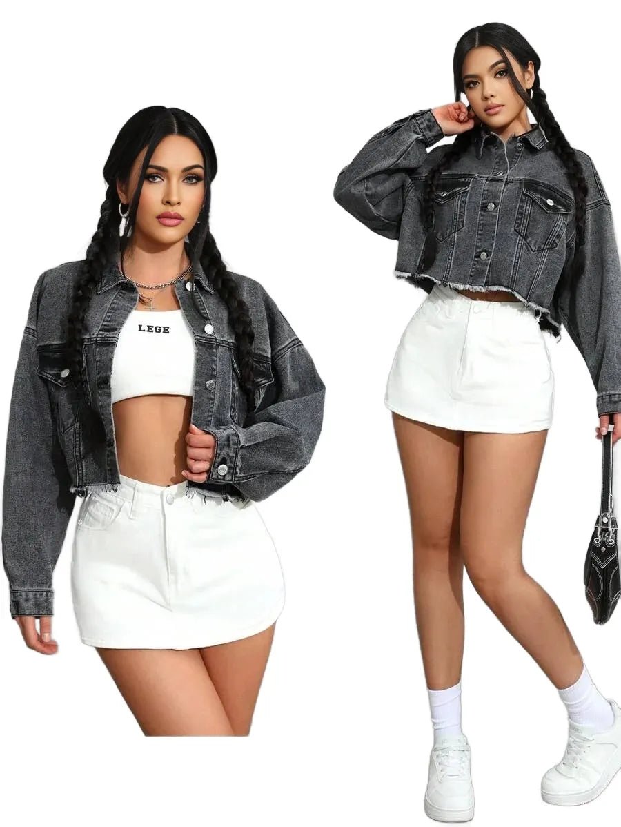 Raegan Cropped Denim Jacket with Button Detail in Grey - Grey