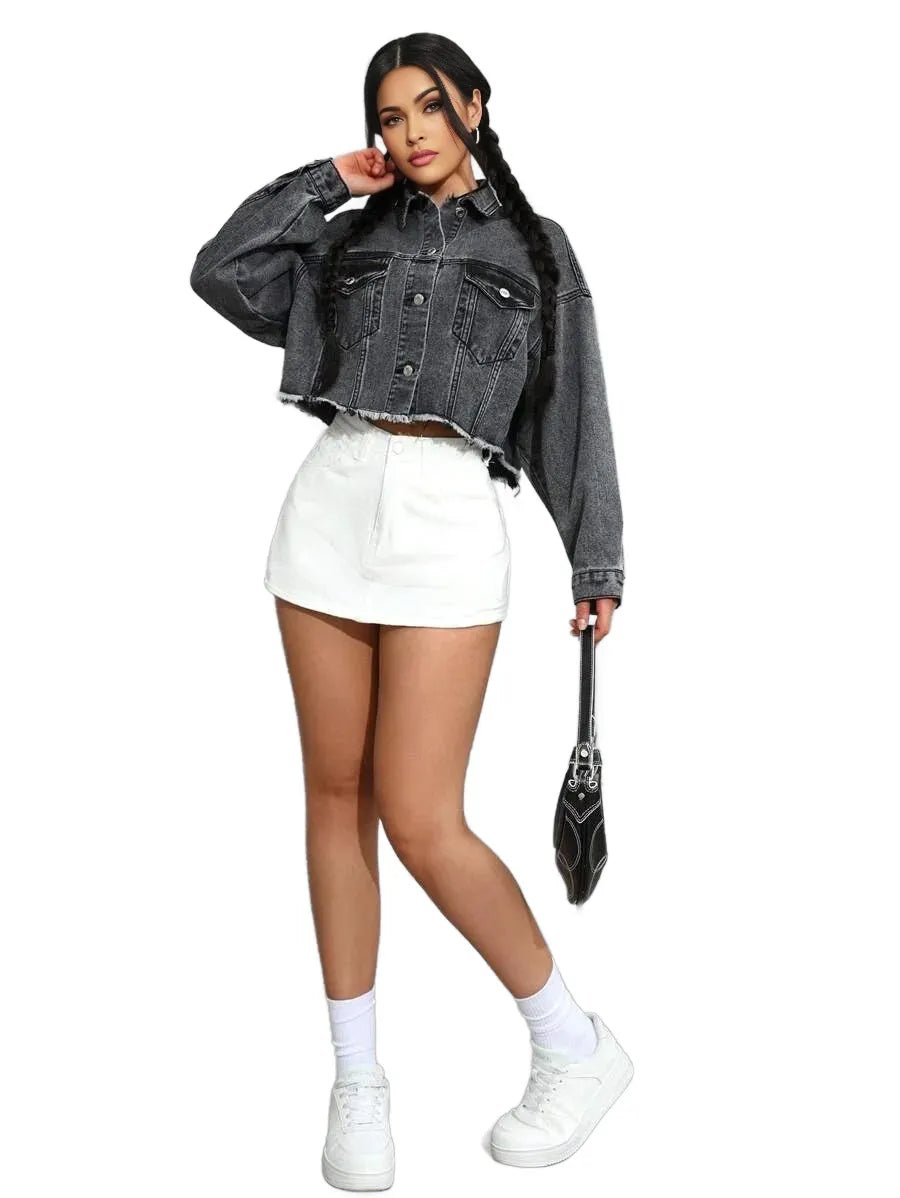 Raegan Cropped Denim Jacket with Button Detail in Grey - Grey