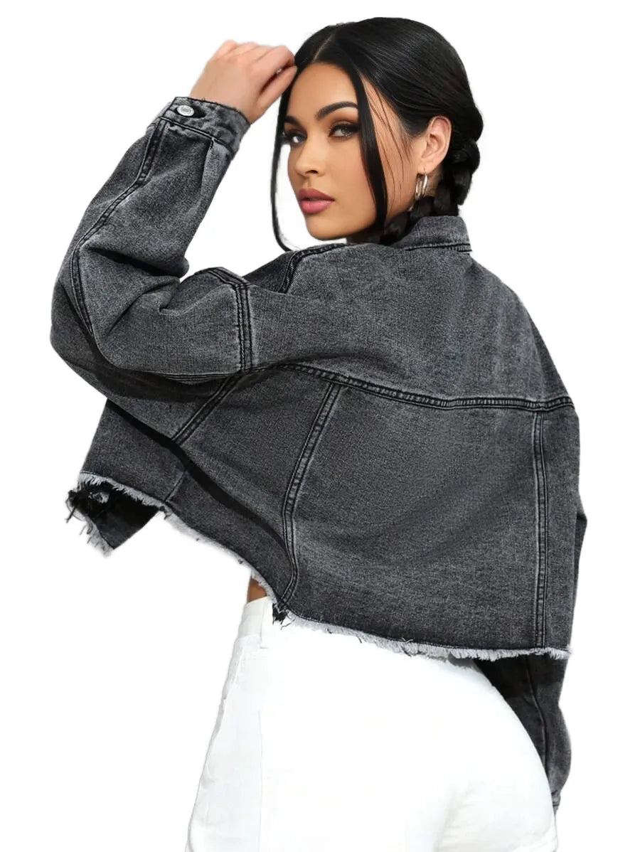 Raegan Cropped Denim Jacket with Button Detail in Grey - Grey