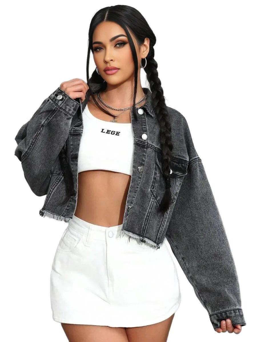 Raegan Cropped Denim Jacket with Button Detail in Grey - Grey
