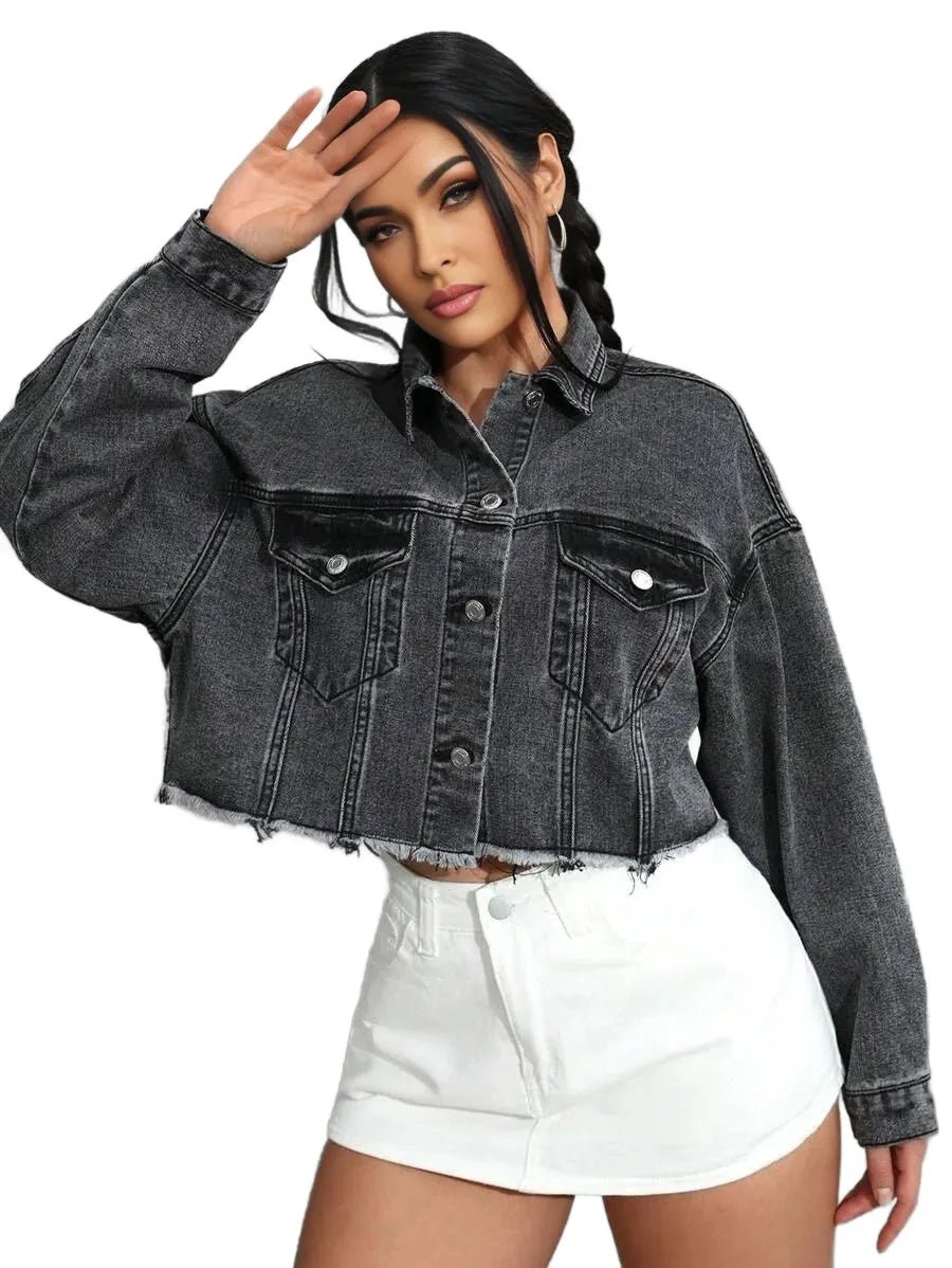 Raegan Cropped Denim Jacket with Button Detail in Grey - Grey