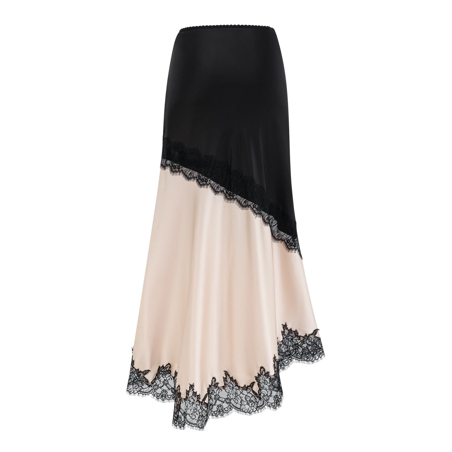 Raphaëlle lacepanel asymmetrical satin skirt