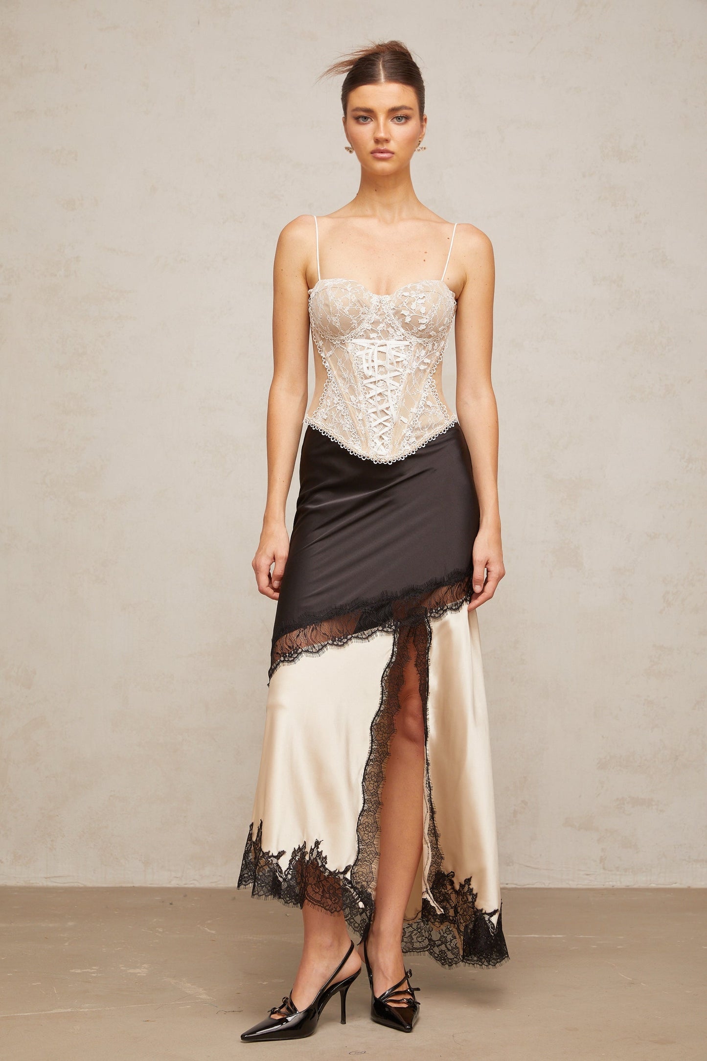 Raphaëlle lacepanel asymmetrical satin skirt