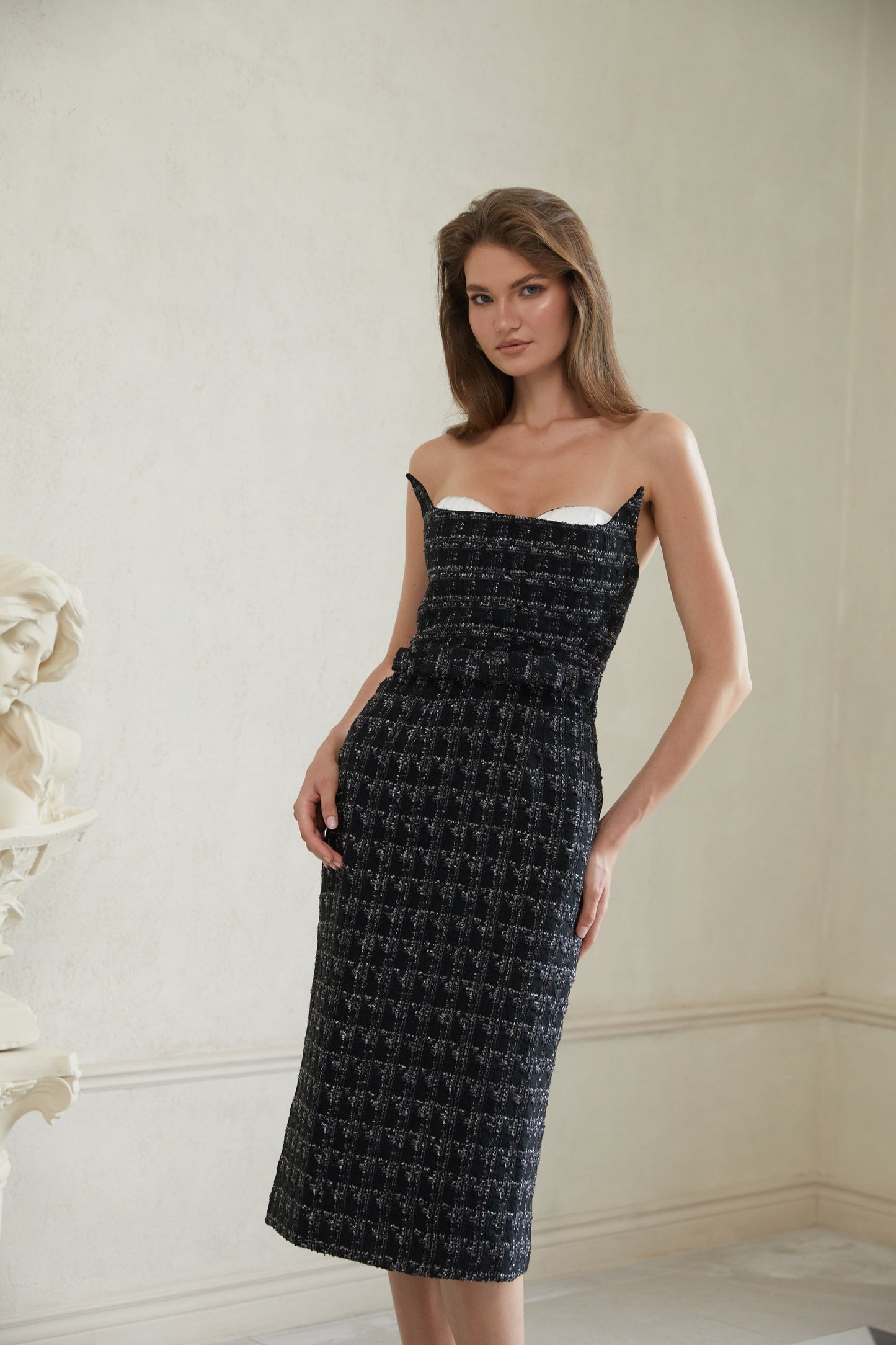 Rauha Black Plaid Weave Tweed Midi Dress