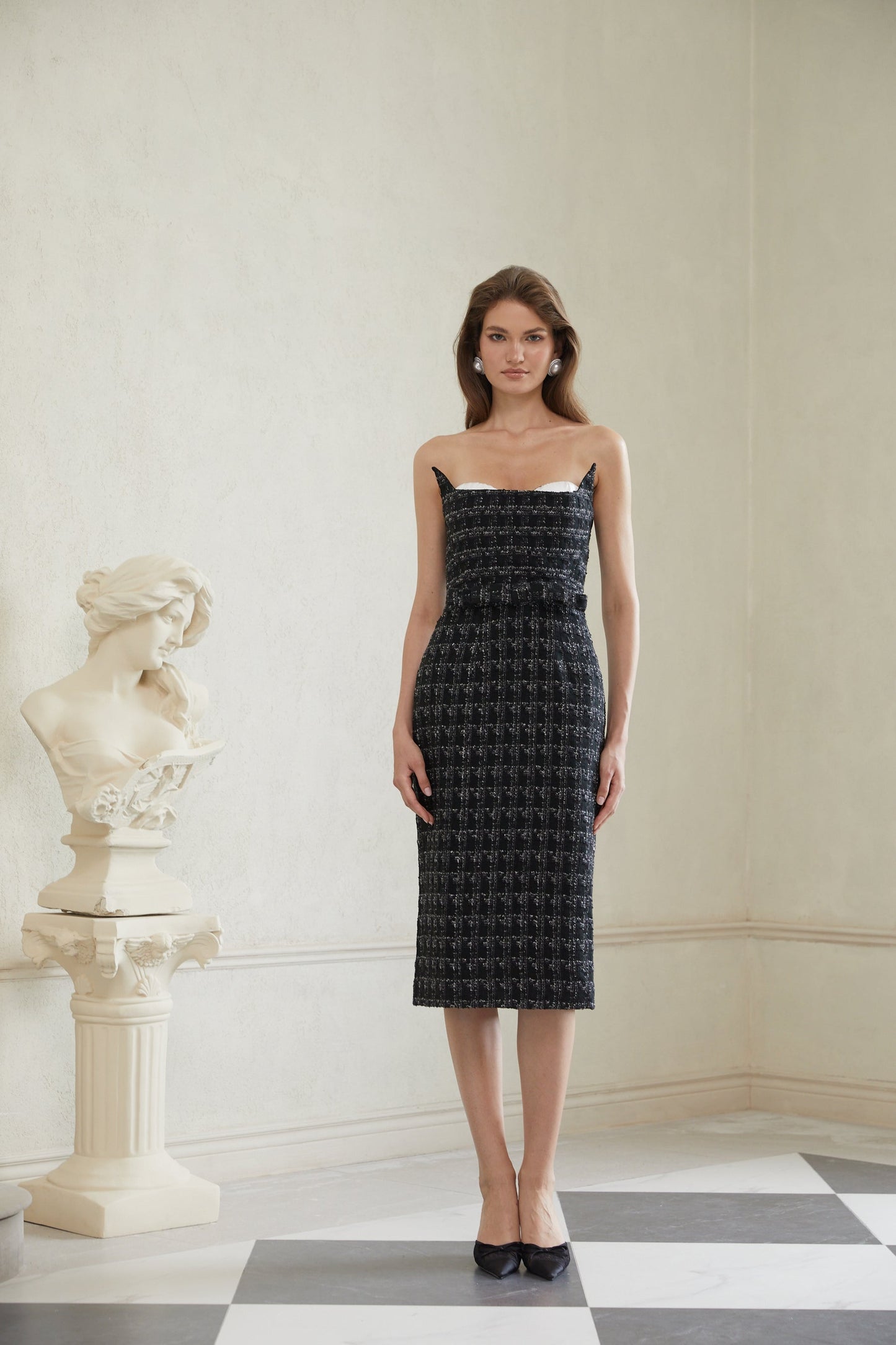 Rauha Black Plaid Weave Tweed Midi Dress