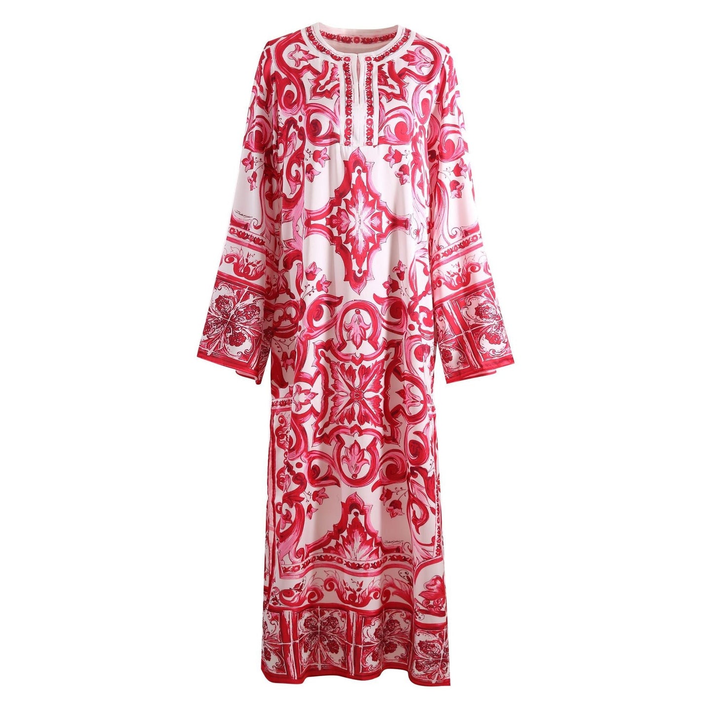Red and white baroque-inspired maxi dress with wide bell sleeves