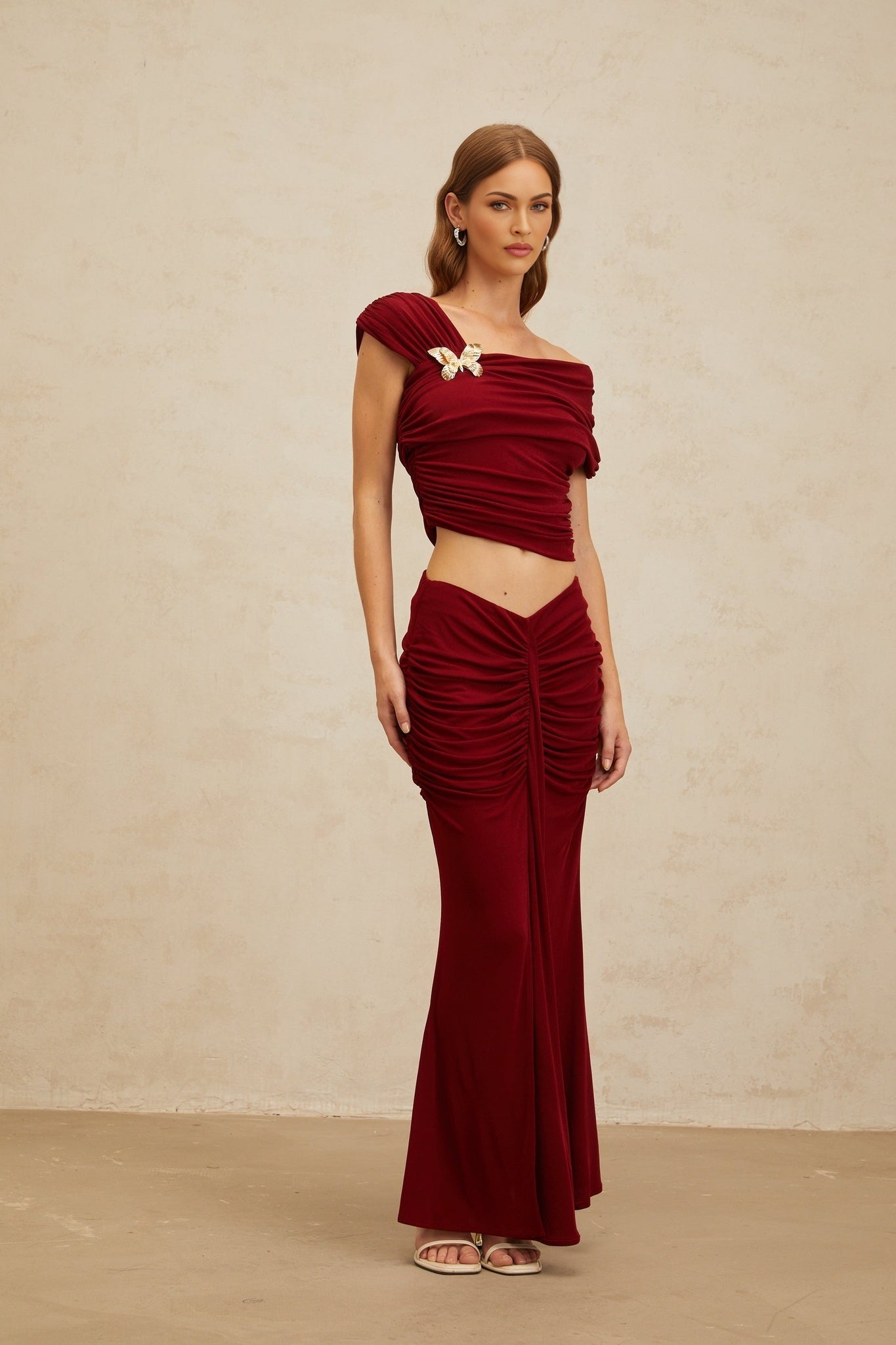 Red Asymmetrical Butterfly Brooch Top and Mermaid Hem Skirt Set