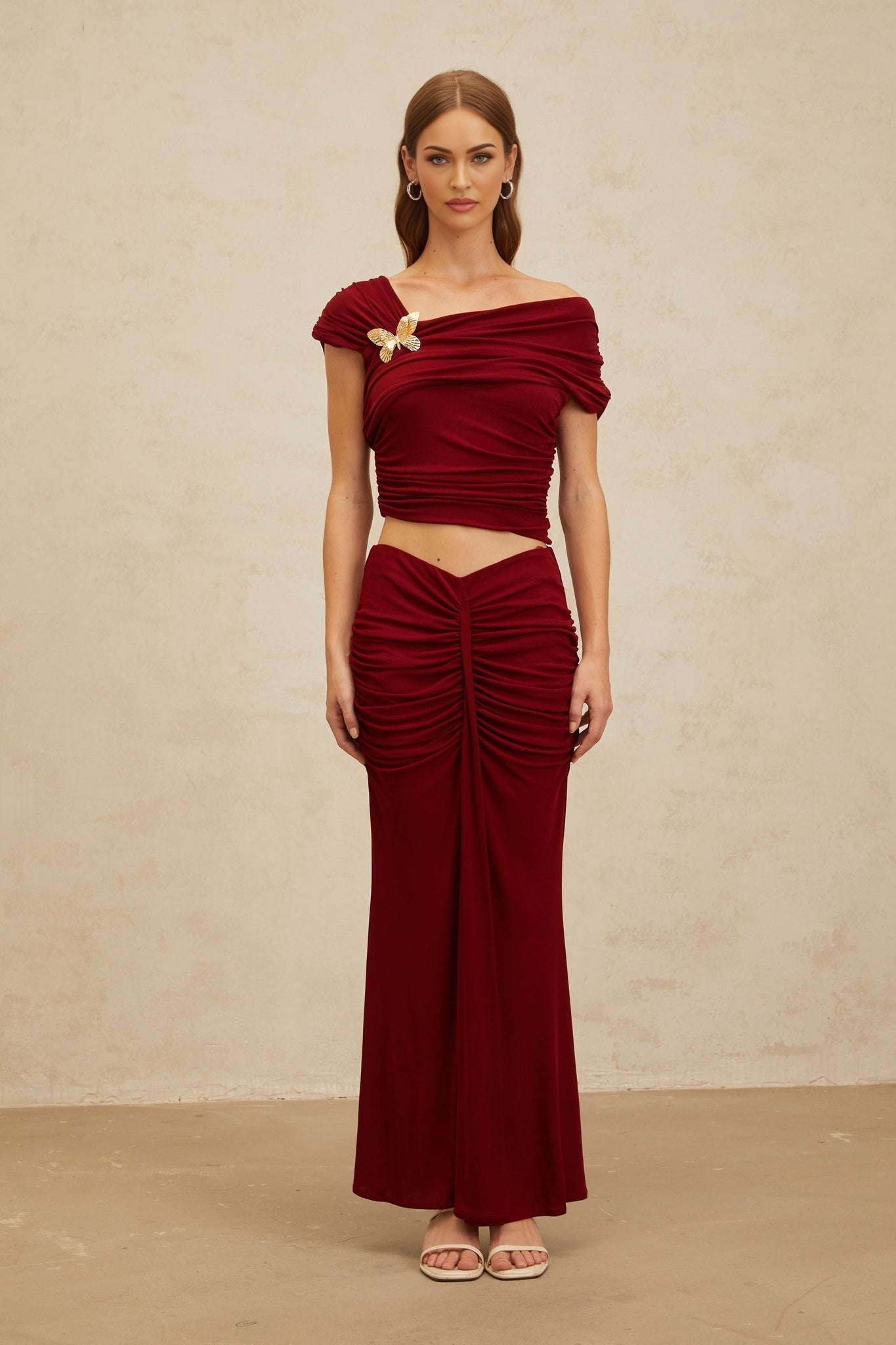 Red Asymmetrical Cap Sleeve Cropped Top and Mermaid Hem Maxi Skirt Set