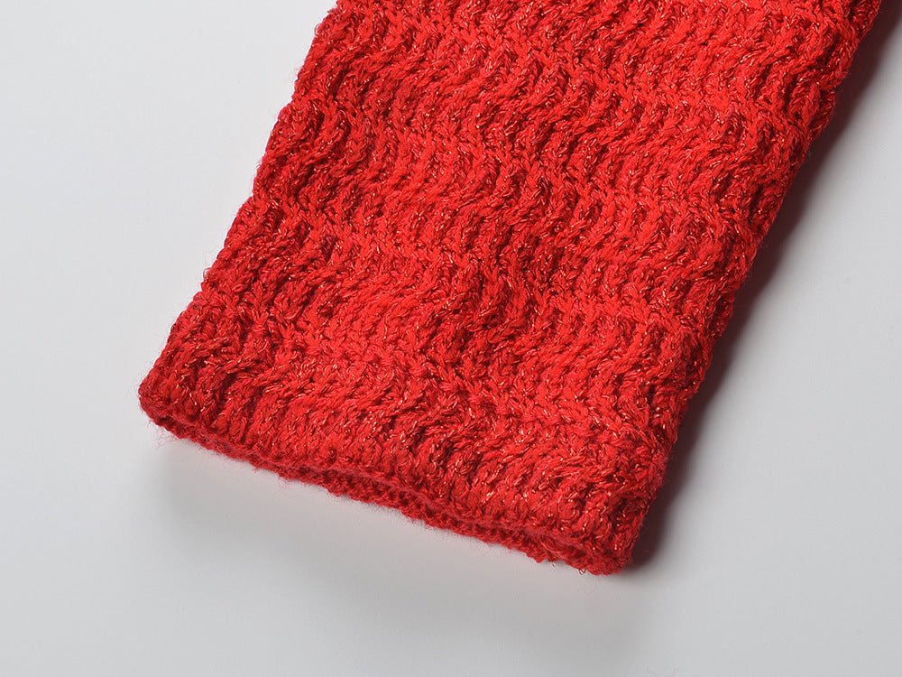 Red Cropped Knit Sweater with Golden Accents