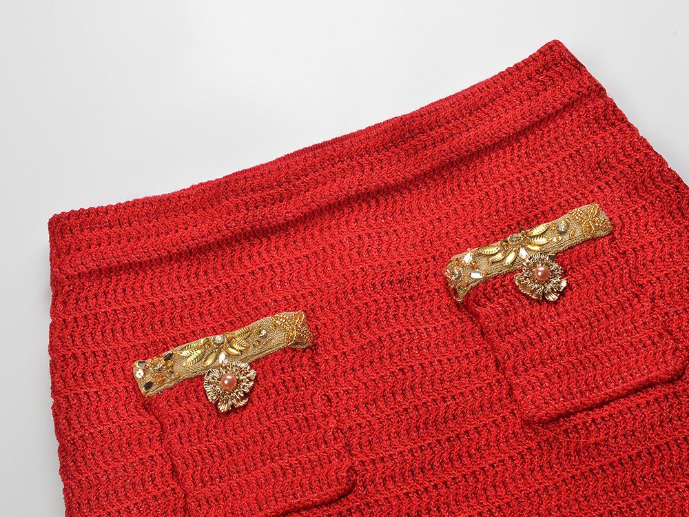 Red Cropped Knit Sweater with Golden Accents