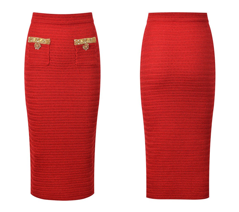 Red cropped tailored long sleeve knit sweater with golden accents and unique pocket decorations